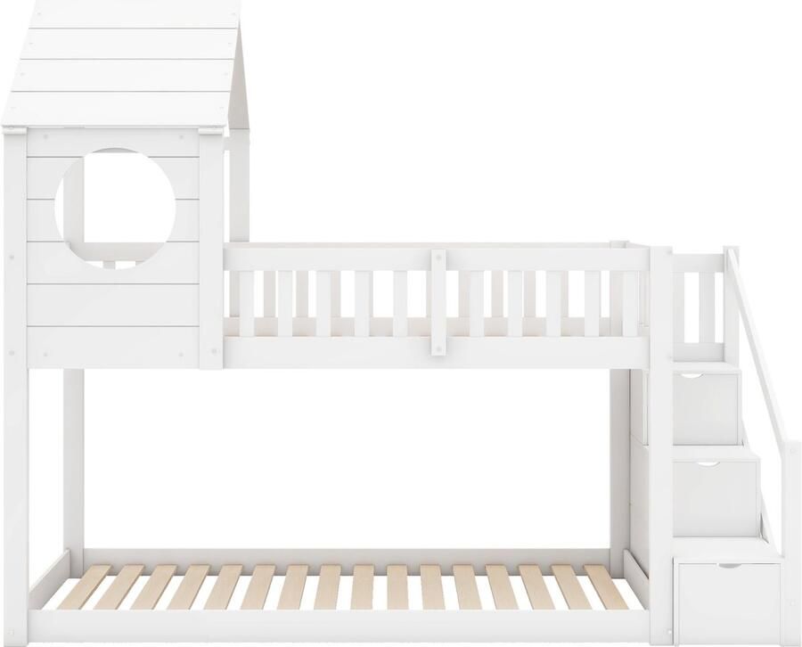 Mobrio Stapelbed 2x90x200 cm grenenhout met opbergladder en lattenbodem Wit