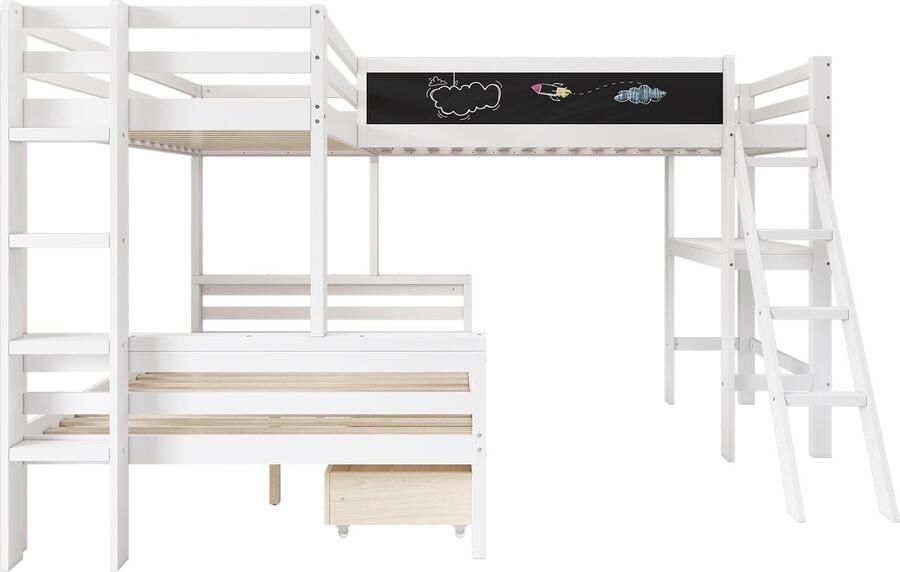 Mobrio Stapelbed 2x90x200cm + 140x200cm in hout met bureau en 2 lades Wit