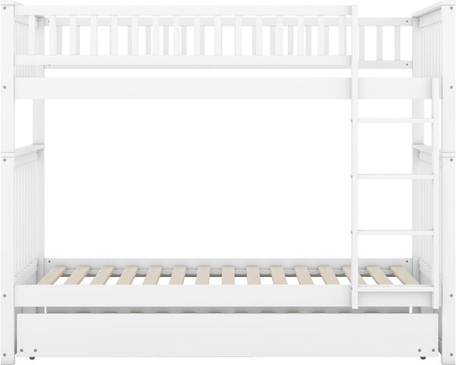 Mobrio Stapelbed 2x90x200cm met onderschuifbed 90x190cm met leuning en trap Wit