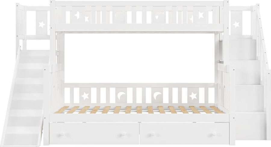 Mobrio Stapelbed 90x200 + 140x200 cm massief hout met glijbaan plank en 2 grote lades Wit