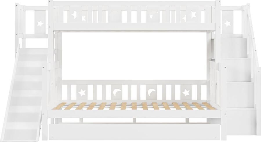 Mobrio Stapelbed 90x200 + 140x200 cm massief hout met glijbaan plank en onderschuifbed 90x190 cm Wit