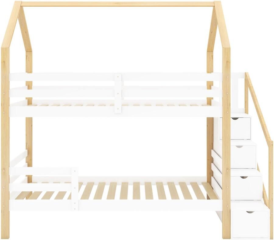 Mobrio Stapelbed 90x200 cm in grenenhout met opbergladder en lattenbodem Wit
