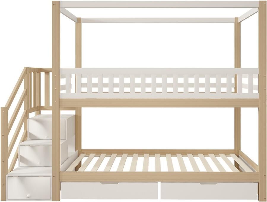 Mobrio Stapelbed 90x200 cm in massief hout met 4 lades en opbergladder Wit & Naturel