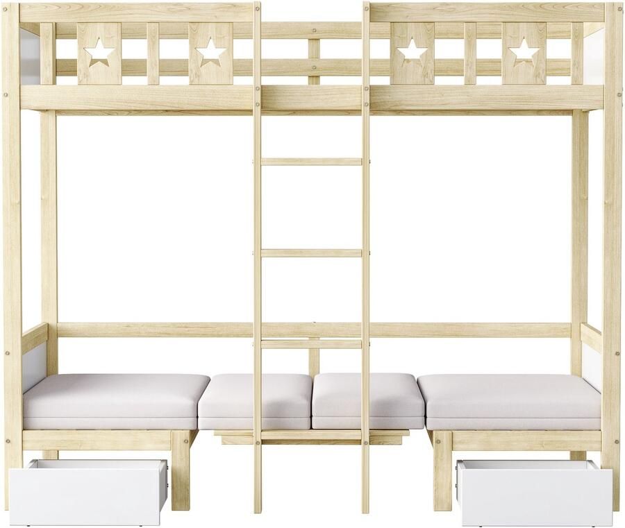 Mobrio Stapelbed 90x200cm bureau om te bouwen tot bed eronder met 2 lades en ladder Wit & Naturel