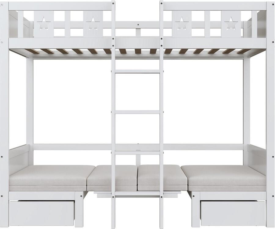 Mobrio Stapelbed 90x200cm daaronder een bureau om te bouwen tot bed met 2 lades en ladder Wit