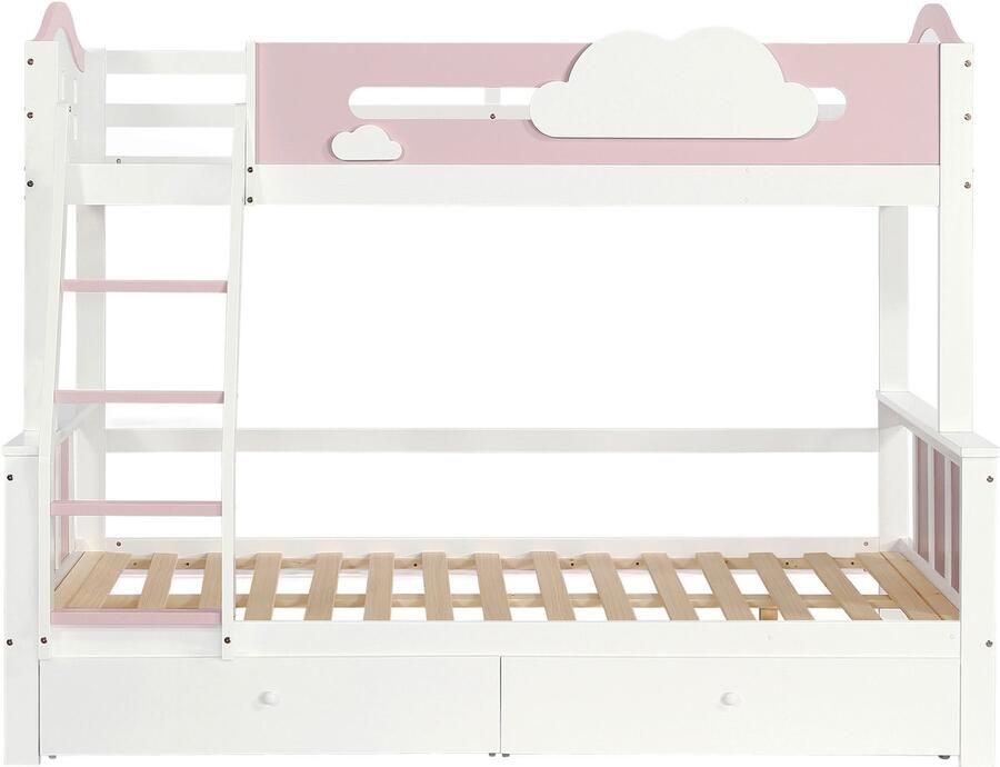 Mobrio Stapelbed 90x200cm & 120x200cm met ladder en 2 lades in grenenhout en MDF Wit & Roze