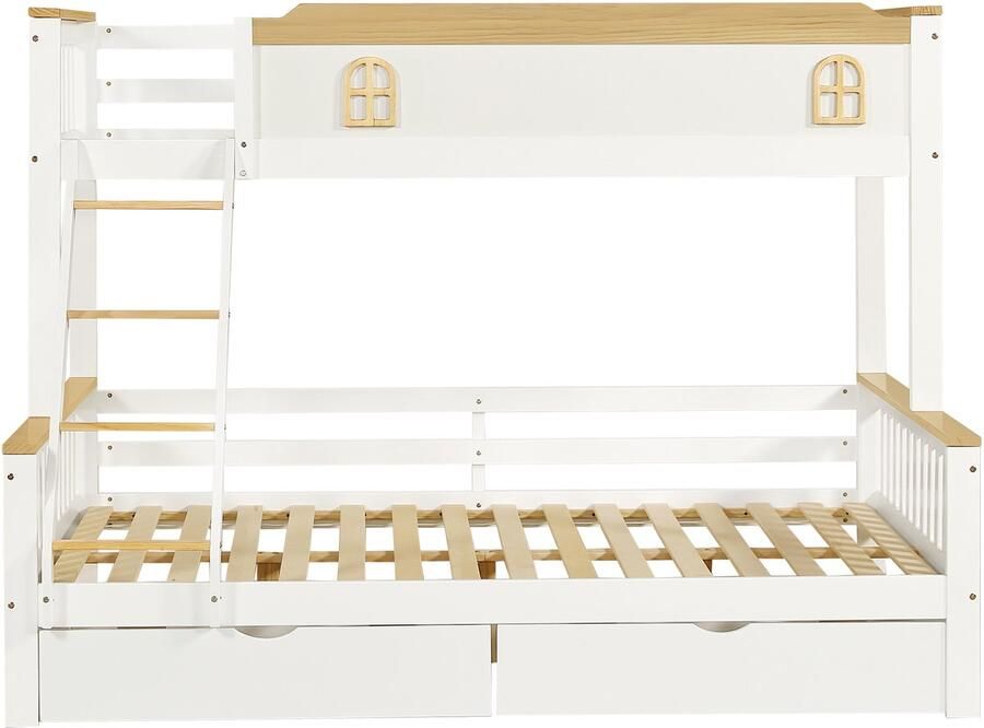 Mobrio Stapelbed 90x200cm & 140x200cm met ladder en 2 lades in grenenhout en MDF Wit & Naturel