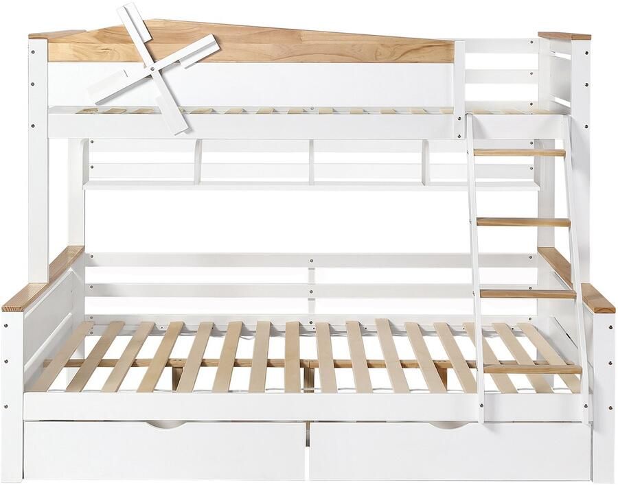 Mobrio Stapelbed 90x200cm & 140x200cm met ladder planken en 2 laden grenenhout en MDF Wit