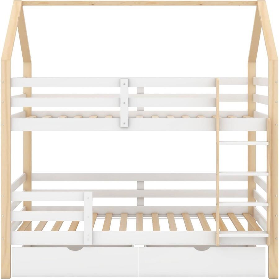 Mobrio Stapelbed 90x200cm in grenenhout met 2 lades en ladder Wit