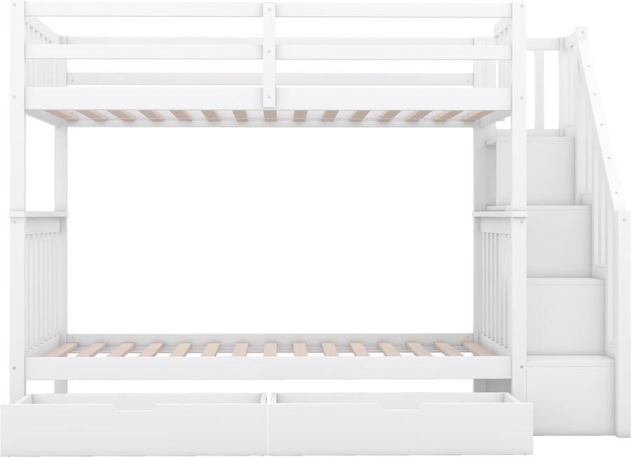 Mobrio Stapelbed 90x200cm in grenenhout met 2 lades en opbergtrap Wit