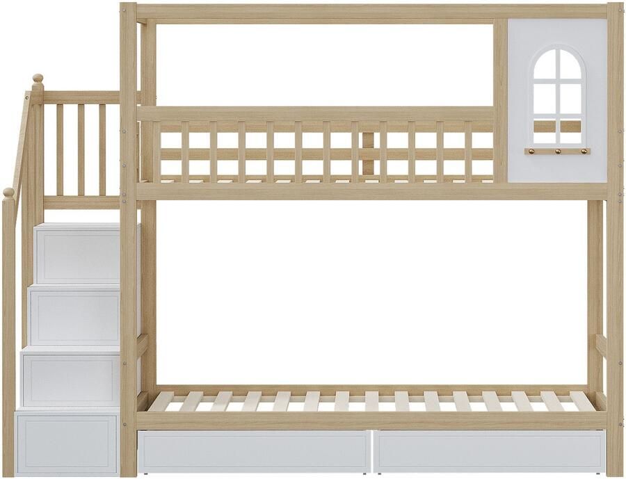 Mobrio Stapelbed 90x200cm in massief hout 2 laden en opbergtrap Naturel & Wit