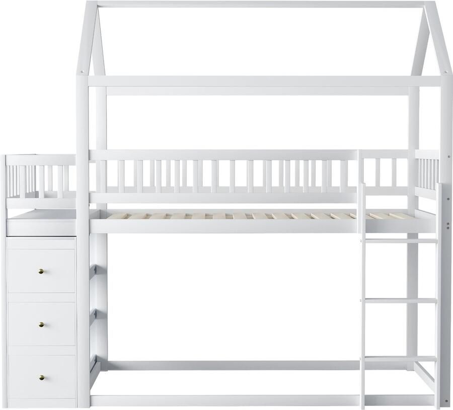 Mobrio Stapelbed 90x200cm in massief hout met laden + planken Wit