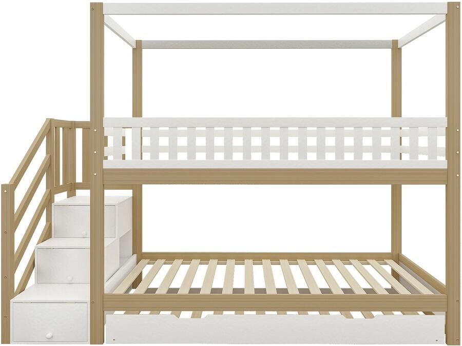 Mobrio Stapelbed 90x200cm in massief hout met onderschuifbed 90x190cm en opbergladder Wit & Naturel