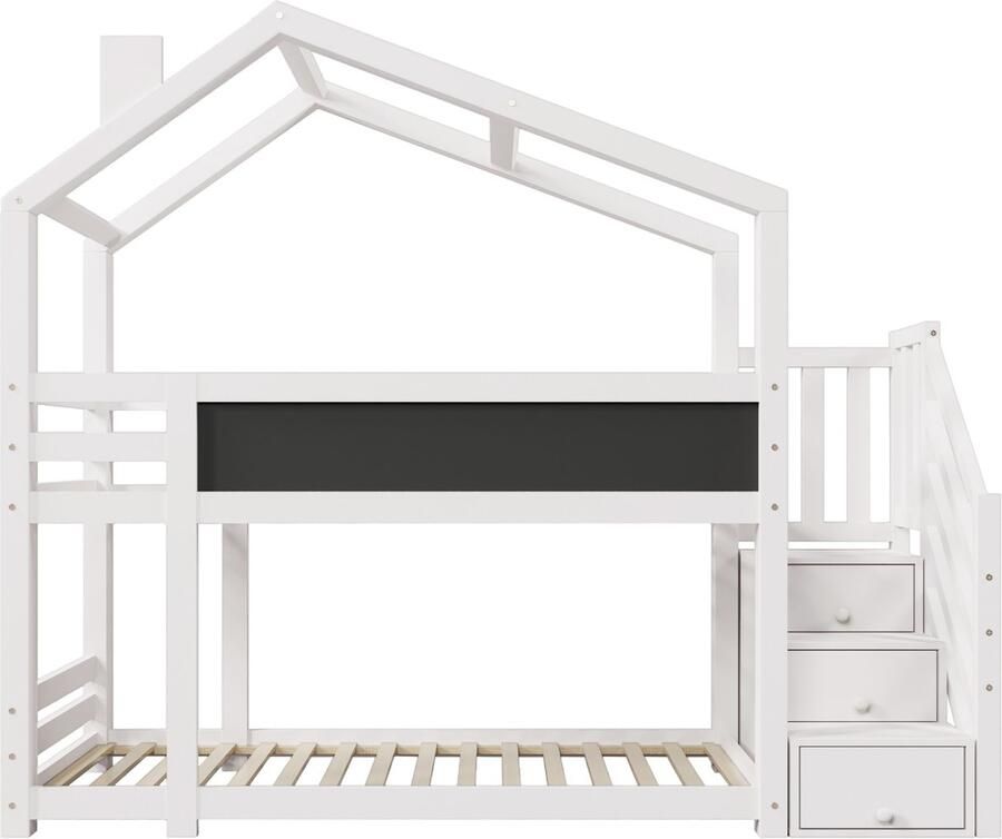 Mobrio Stapelbed 90x200cm in massief hout met opbergtrap (2 laden) en een schoolbord Wit