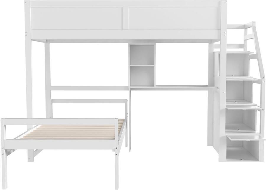Mobrio Stapelbed 90x200cm in massief hout met opbergtrap en bureau Wit