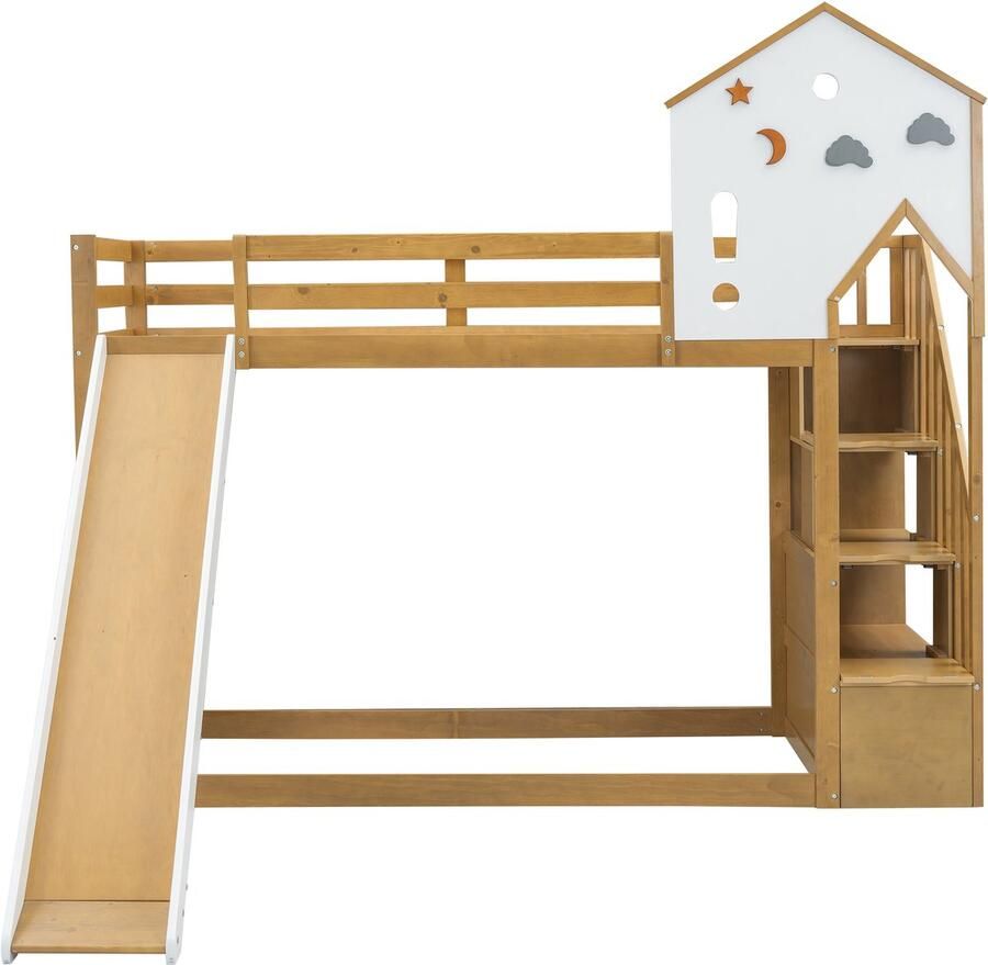 Mobrio Stapelbed 90x200cm met opbergtrap en glijbaan in grenenhout en MDF Naturel