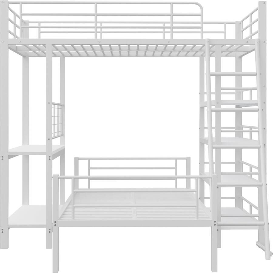 Mobrio Stapelbed 90x200cm Met opbergvakken Metalen constructie Met veiligheidsladder Met leuning Kleur wit (zonder matras)