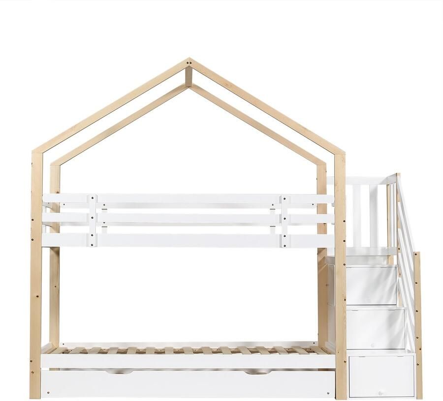 Mobrio Stapelbed 90x200cm + uitschuifbed 90x190cm kinderhutbed met opbergtrap massief hout Wit