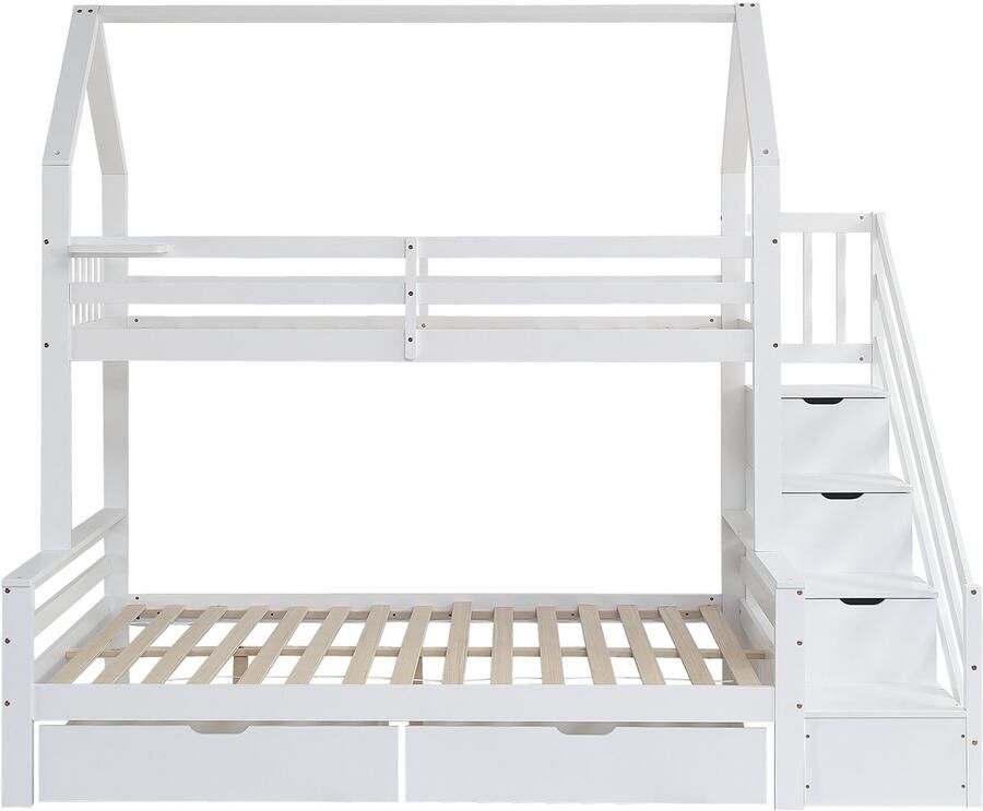 Mobrio Stapelbed in grenenhout en MDF 90x200 cm + 140x200 cm met opbergladder en 2 lades Wit