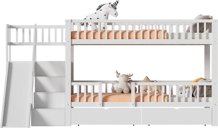 Mobrio Stapelbed in hout en MDF 90x200 cm met glijbaan en trap Wit (zonder matras)