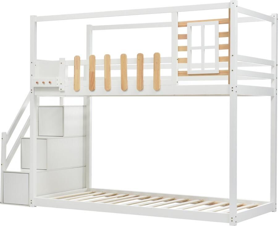 Mobrio Stapelbed massief hout 90x200cm met opbergtrap Wit