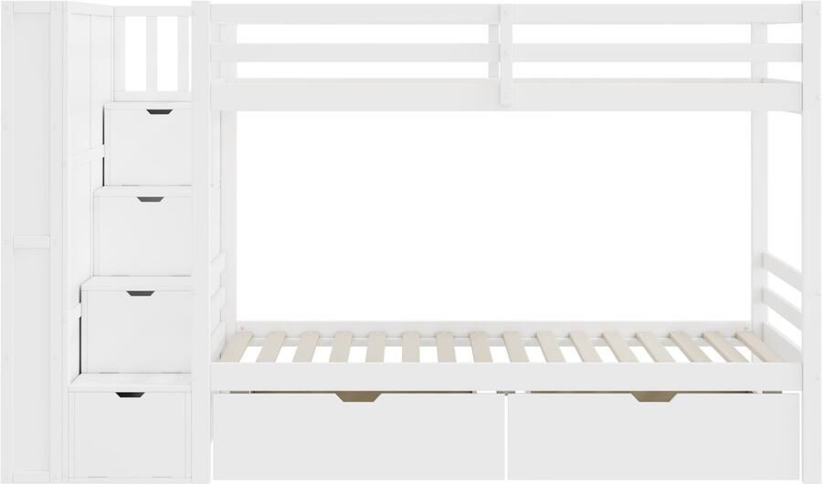 Mobrio Stapelbed met 2 lades + opbergtrap + planken 90x200 cm grenenhout Wit