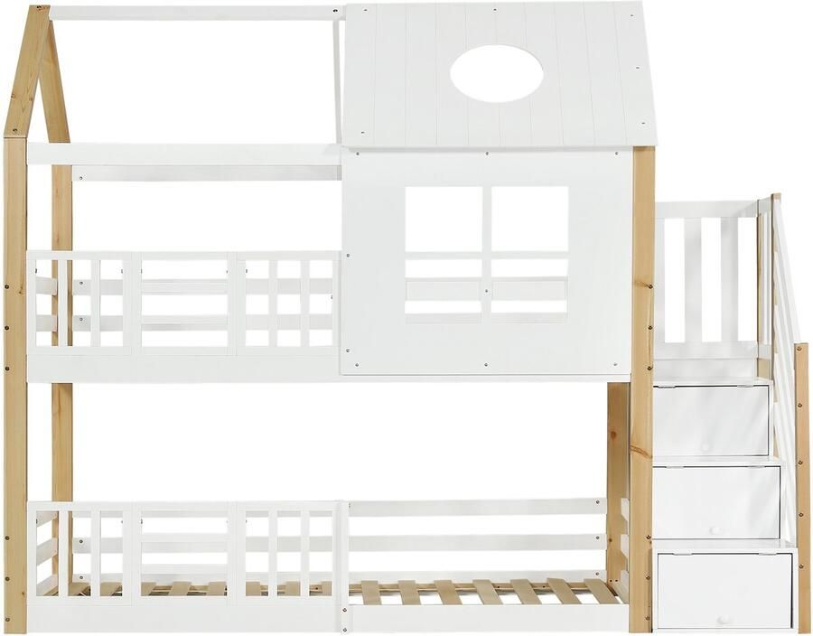 Mobrio Stapelbed van grenenhout en MDF met opbergtrap 90x200 cm Wit & Naturel