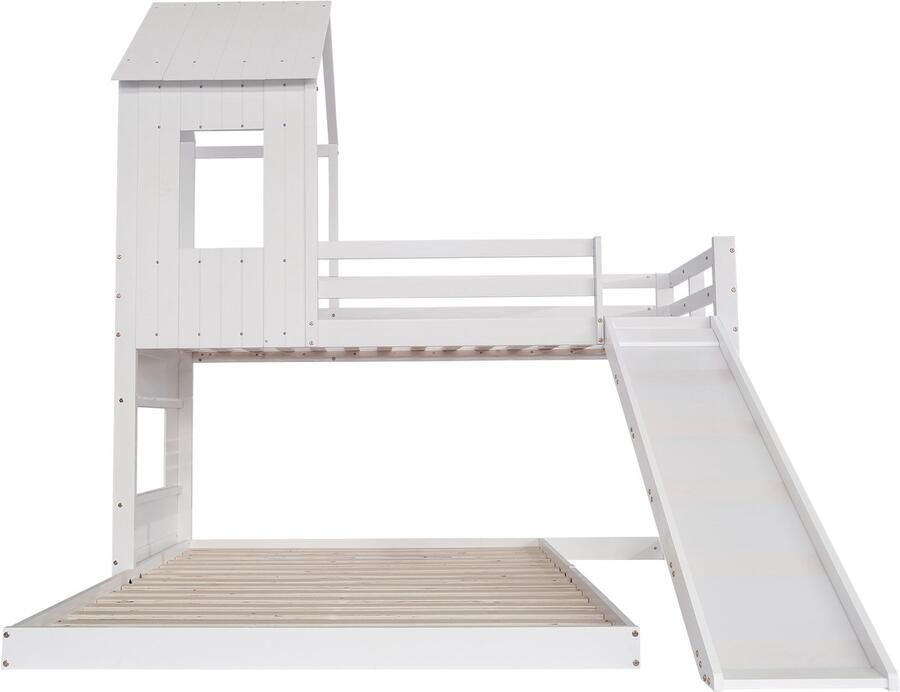 Mobrio Stapelbed voor kinderen met glijbaan en ladder 90x200 cm + 140x200 cm gemaakt van grenenhout en MDF Wit