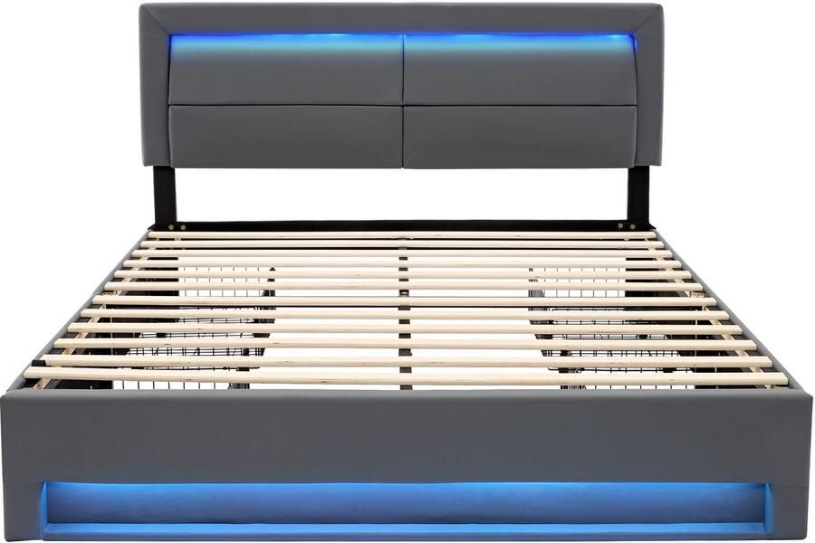 Mobrio Tweepersoonsbed 160x200 cm in kunstleer met LED 4 lades met oplaadpoorten (bedraad & draadloos) Grijs