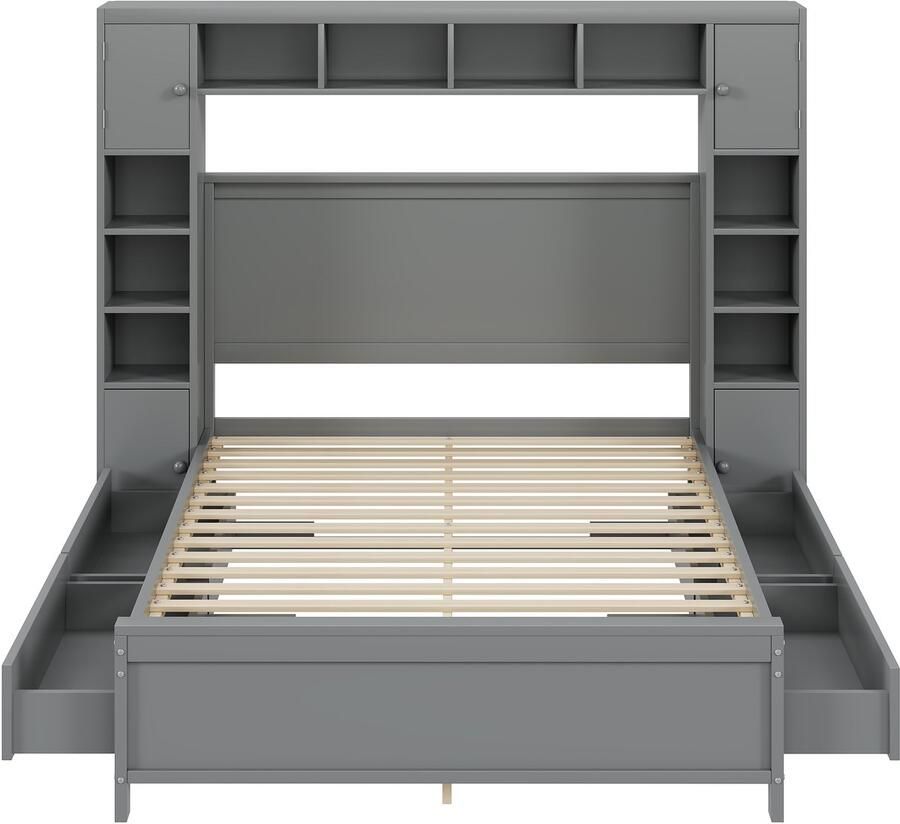 Mobrio Tweepersoonsbed 140x200cm met 4 laden en groot opberghoofdeinde massief hout Grijs