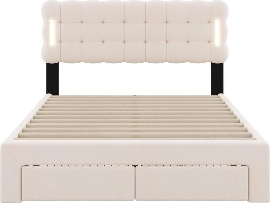 Mobrio Tweepersoonsbed 140x200cm met LED en 4 laden fluwelen stof Beige