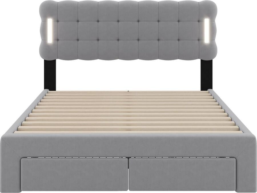 Mobrio Tweepersoonsbed 140x200cm met LED en 4 lades stof fluweel Grijs