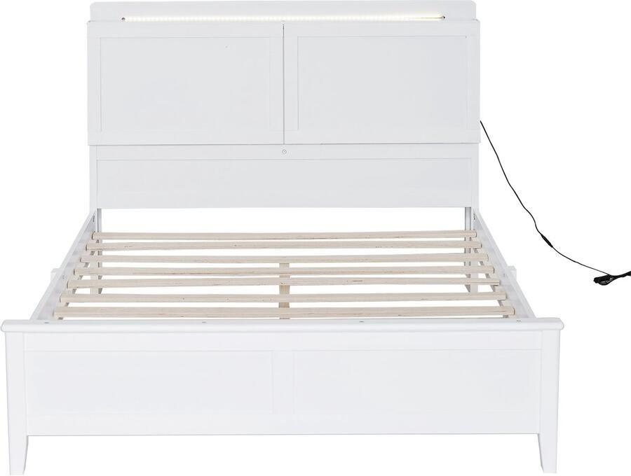 Mobrio Tweepersoonsbed 140x200cm met LED en opklapbaar nachtkastje in hout en MDF Wit