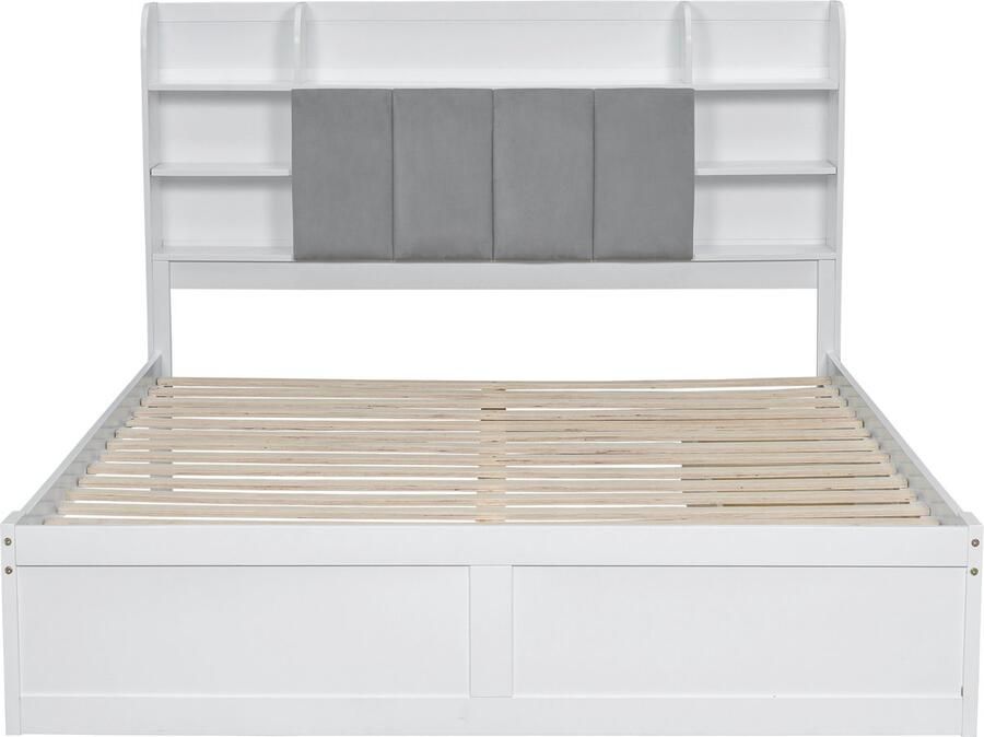Mobrio Tweepersoonsbed 160x200cm grenenhout en MDF opberghoofdeinde met open planken en 3 laden Wit