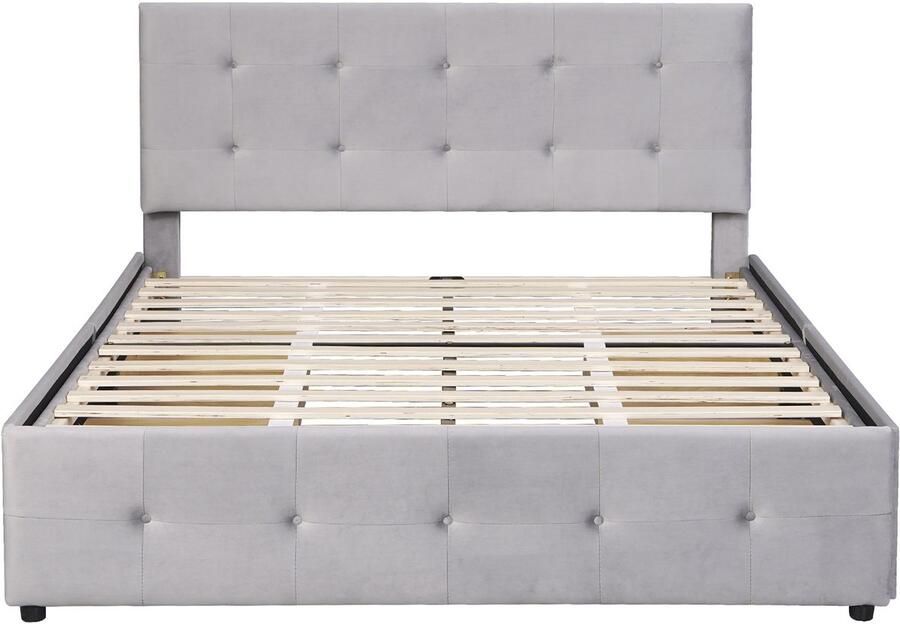 Mobrio Tweepersoonsbed bekleed met fluweel 140x200cm met 4 lades en lattenbodem Grijs