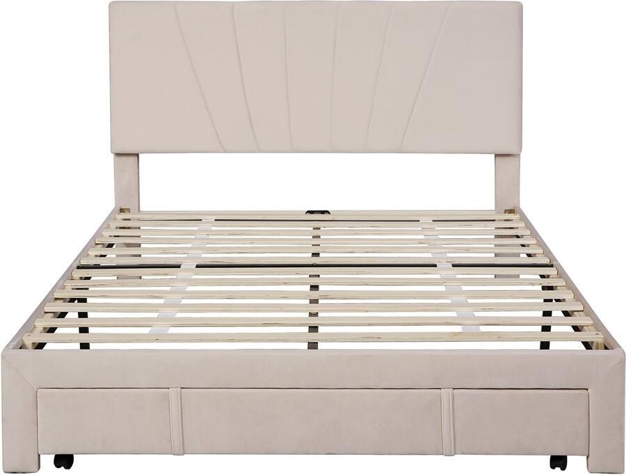 Mobrio Tweepersoonsbed bekleed met fluweel 140x200cm met grote lade Crème