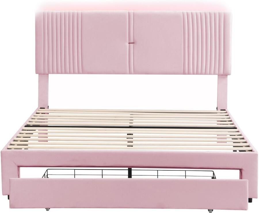 Mobrio Tweepersoonsbed bekleed met fluweel 140x200cm met LED en USB-oplaadpoort met grote lade Roze