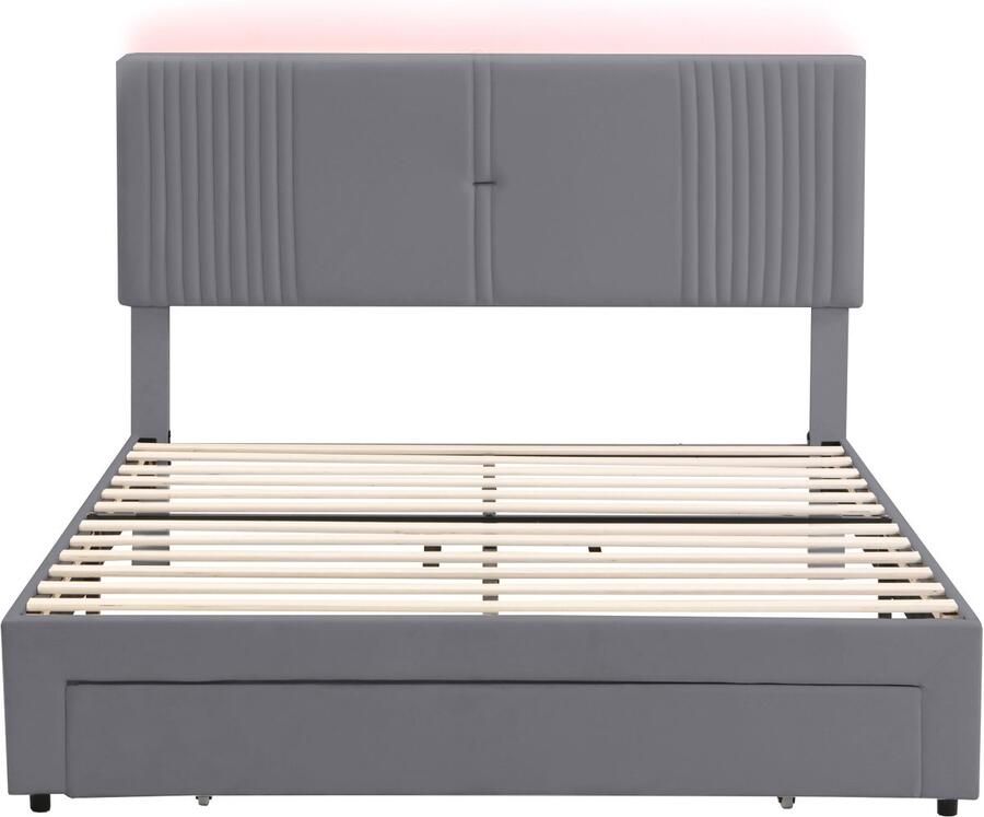 Mobrio Tweepersoonsbed bekleed met fluweel 140x200cm met LED en USB-oplaadpoort met grote lade Grijs