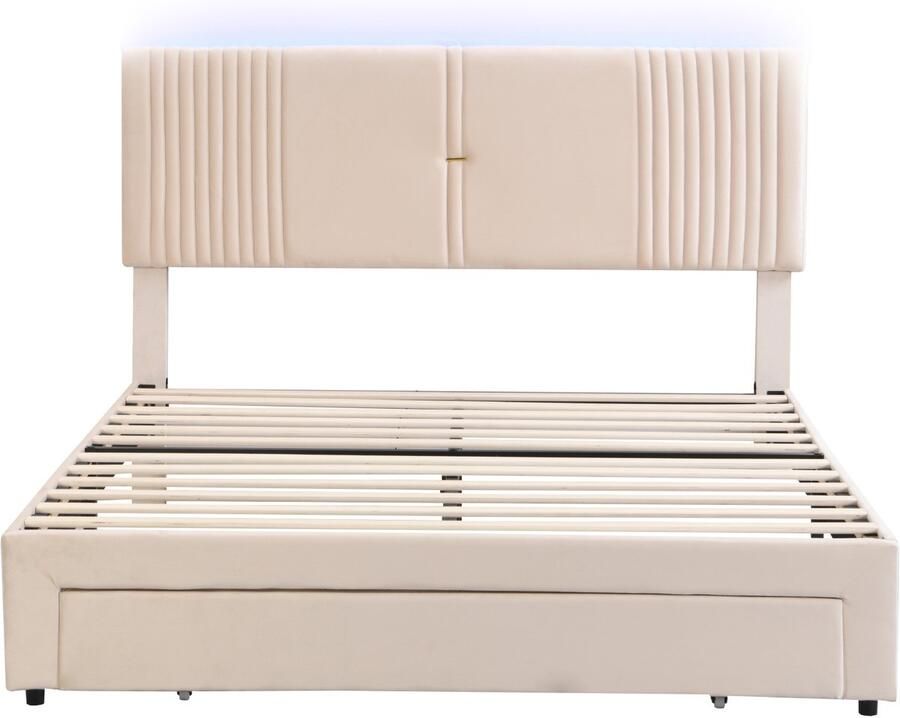 Mobrio Tweepersoonsbed bekleed met fluweel 160x200cm met LED en USB-oplaadpoort met grote lade Beige