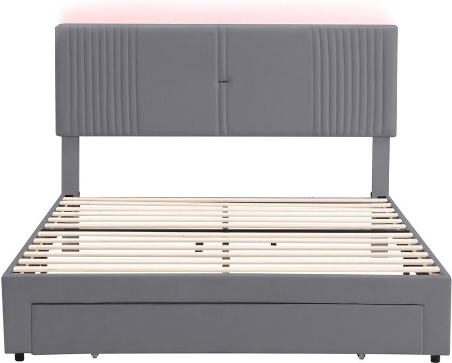 Mobrio Tweepersoonsbed bekleed met fluweel 160x200cm met LED en USB-oplaadpoort met grote lade Grijs