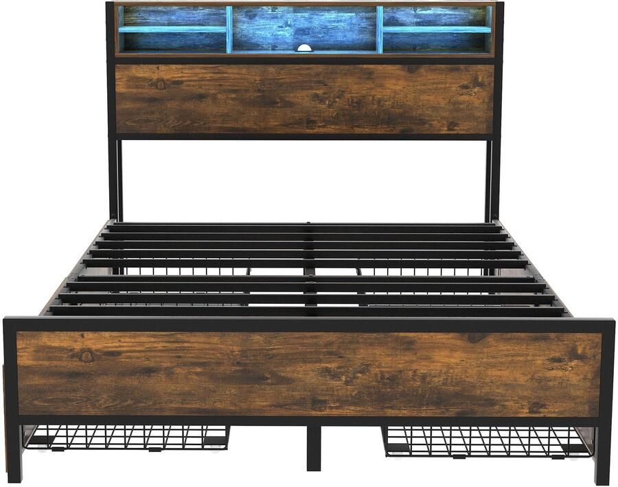 Mobrio Tweepersoonsbed met 4 lades 140x200cm met LED en oplaadfunctie metalen frame Bruin