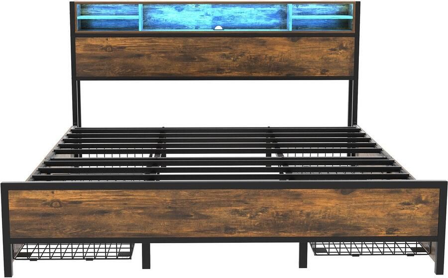 Mobrio Tweepersoonsbed met 4 lades 180x200cm met LED en oplaadfunctie metalen frame Bruin