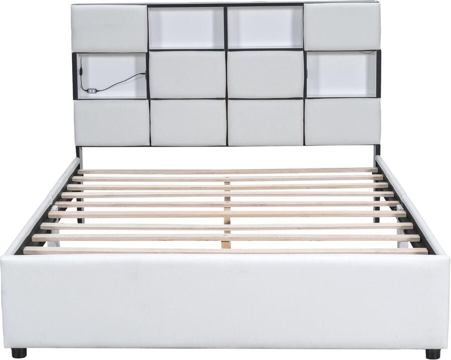 Mobrio Tweepersoonsbed met verstelbare LED 140x200 cm verschillende opbergvakken met USB-interface Beige