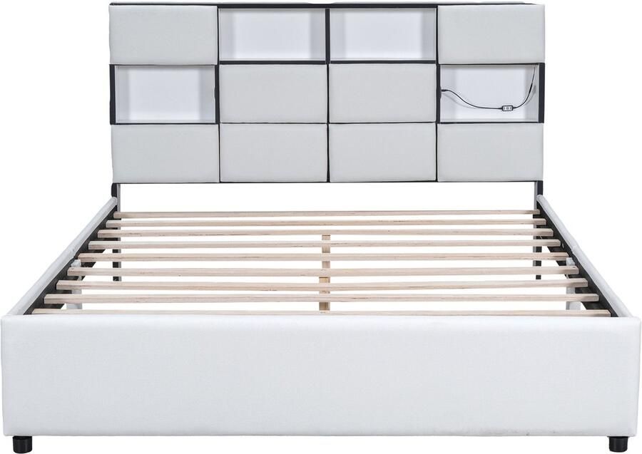 Mobrio Tweepersoonsbed met verstelbare LED 160x200 cm opbergvakken met USB-interface Beige