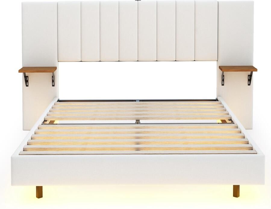 Mobrio Volwassen bed 140x200 cm in linnenstof met LED + USB-poort + zijplanken Beige