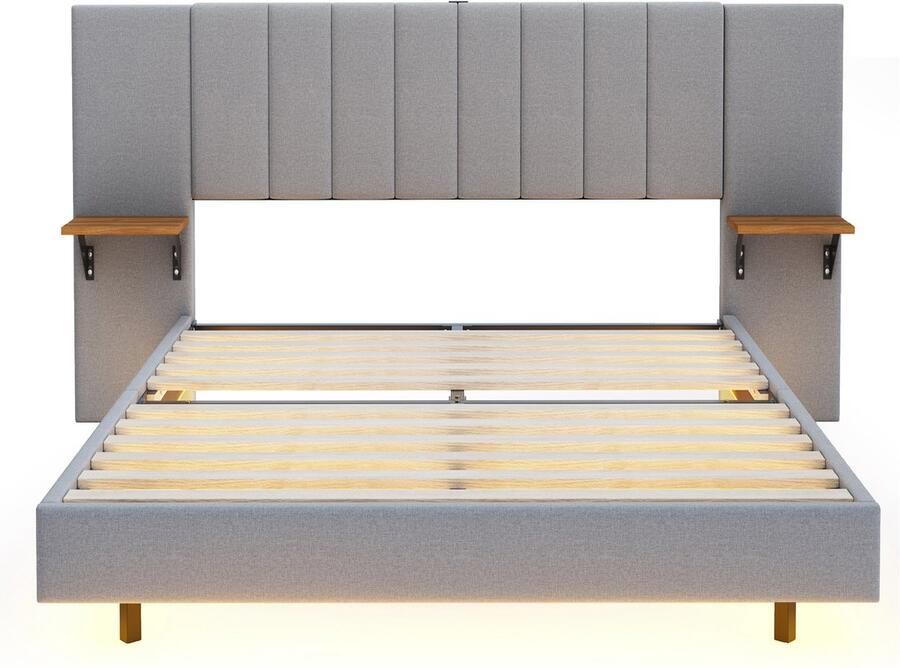 Mobrio Volwassen bed 140x200 cm in linnenstof met LED + USB-poort + zijplanken Grijs