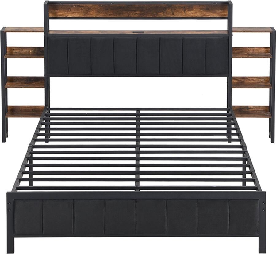 Mobrio Volwassen bed 140X200cm fluwelen hoofdeinde met planken en 3 USB-poorten metalen frame Zwart