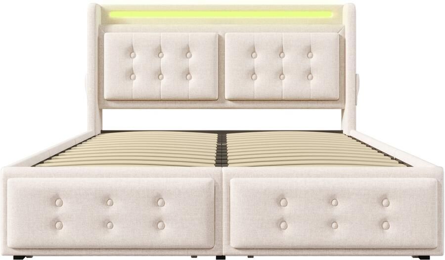 Mobrio Volwassen bed 140x200cm in linnenstof met LED en oplaadpoorten 4 laden Beige