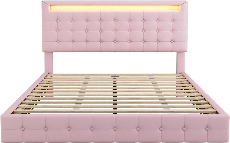 Mobrio Volwassen bed 140x200cm met LED en afstandsbediening in kunstleer Roze