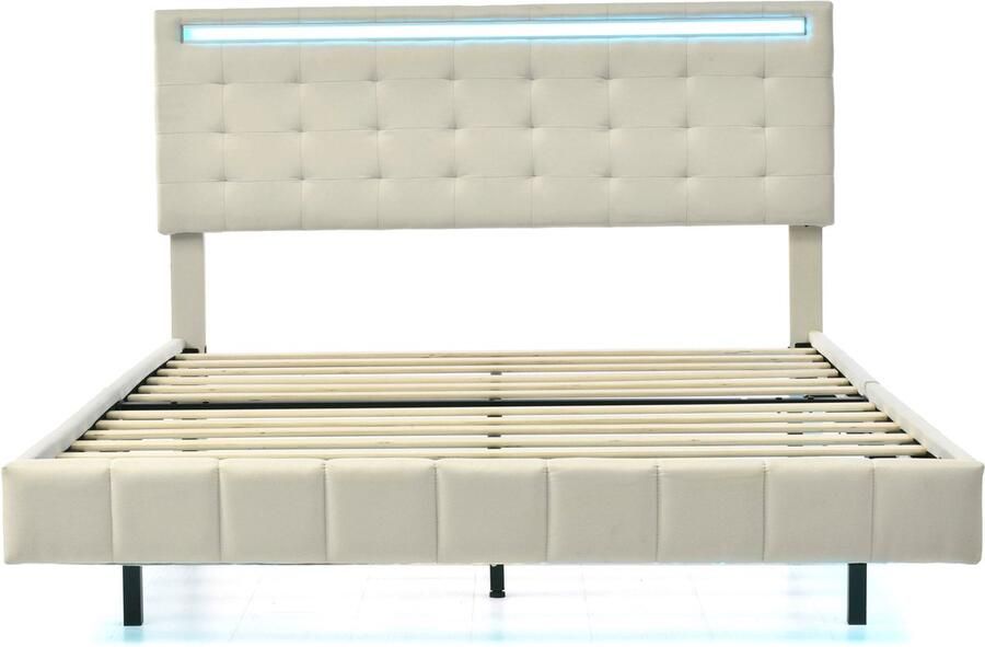 Mobrio Volwassen bed 140x200cm zwevend bed met LED en 2 USB-poorten + lattenbodem linnen stof Beige